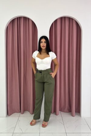 High waisted Belt Detail Khaki Pants