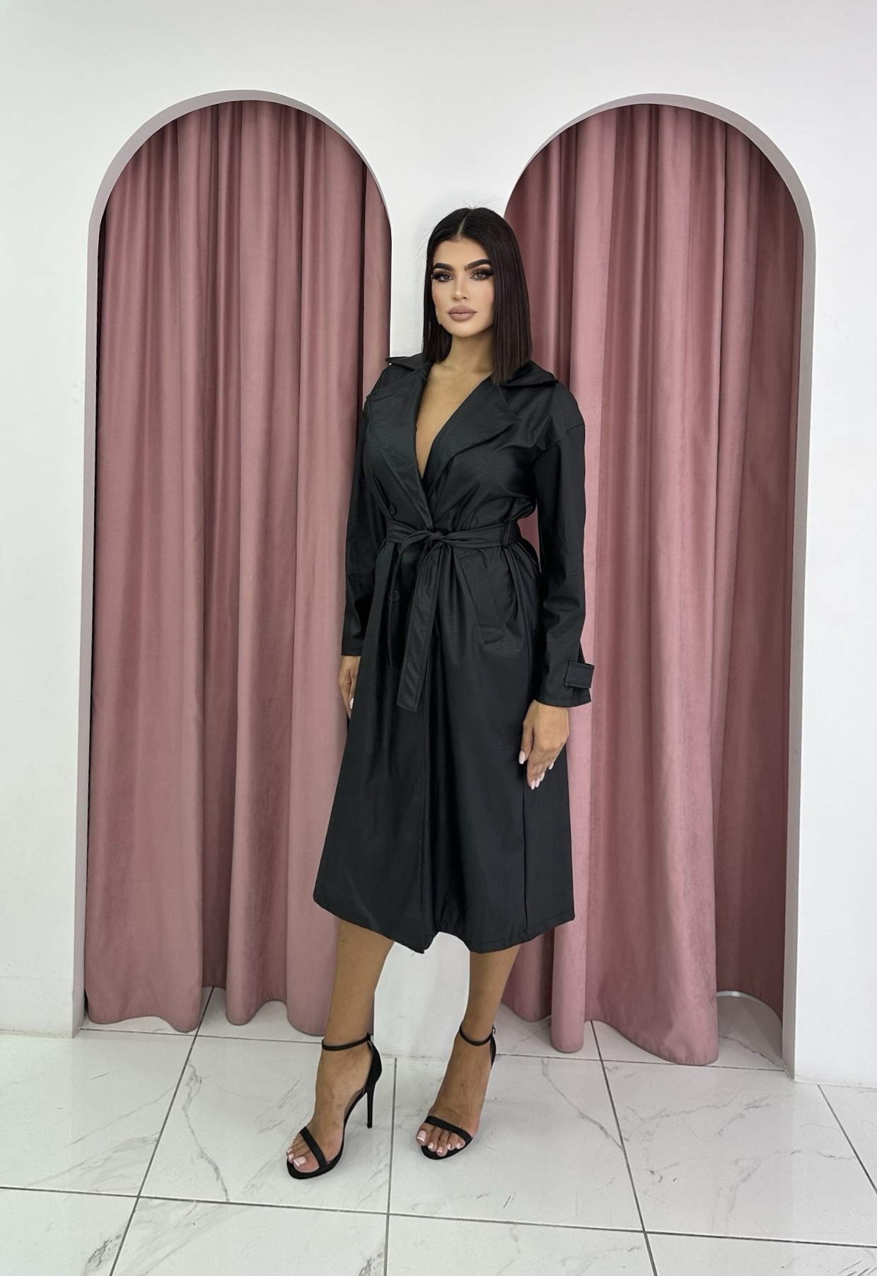 Oversized Belted Black Coat - Image 2