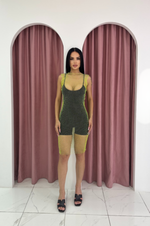 Sleeveless Net Green Neon Mini Dress