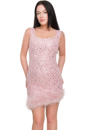 Sleevless Sequin Feather Details Satin Mini Dress