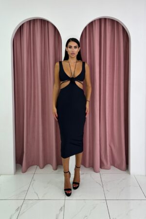 Sleeveless Hollow Out Rose Decorated Black Midi dress