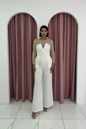 Two Piece Mesh Pearl Bodysuit Strapless Cream Jumpsuit Set