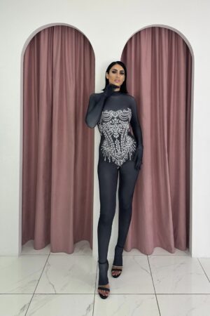 Long Sleeve Crystal Embellished Black Jumpsuit