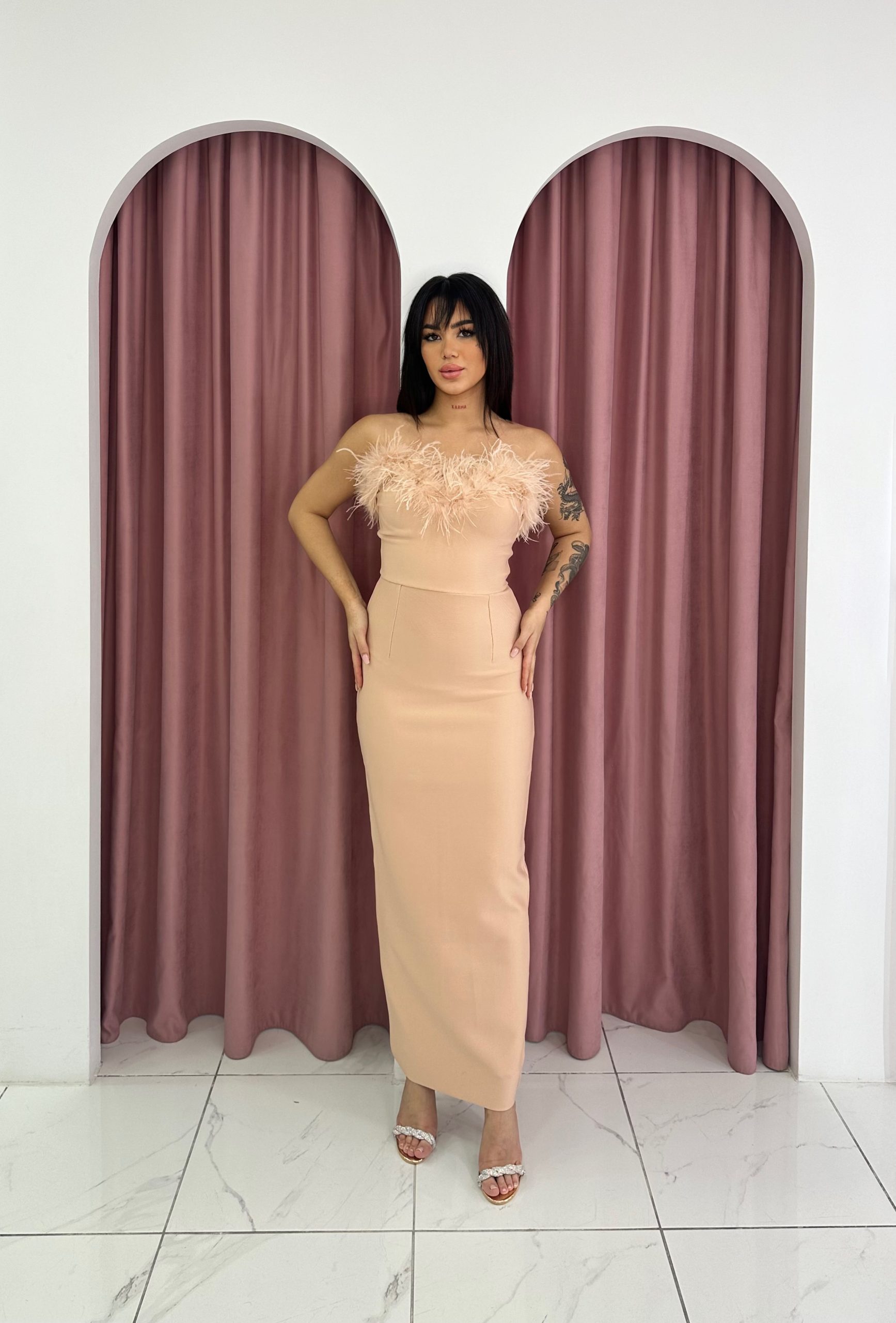 Strapless Feather Bust Pastel Peach Bandage Maxi Dress