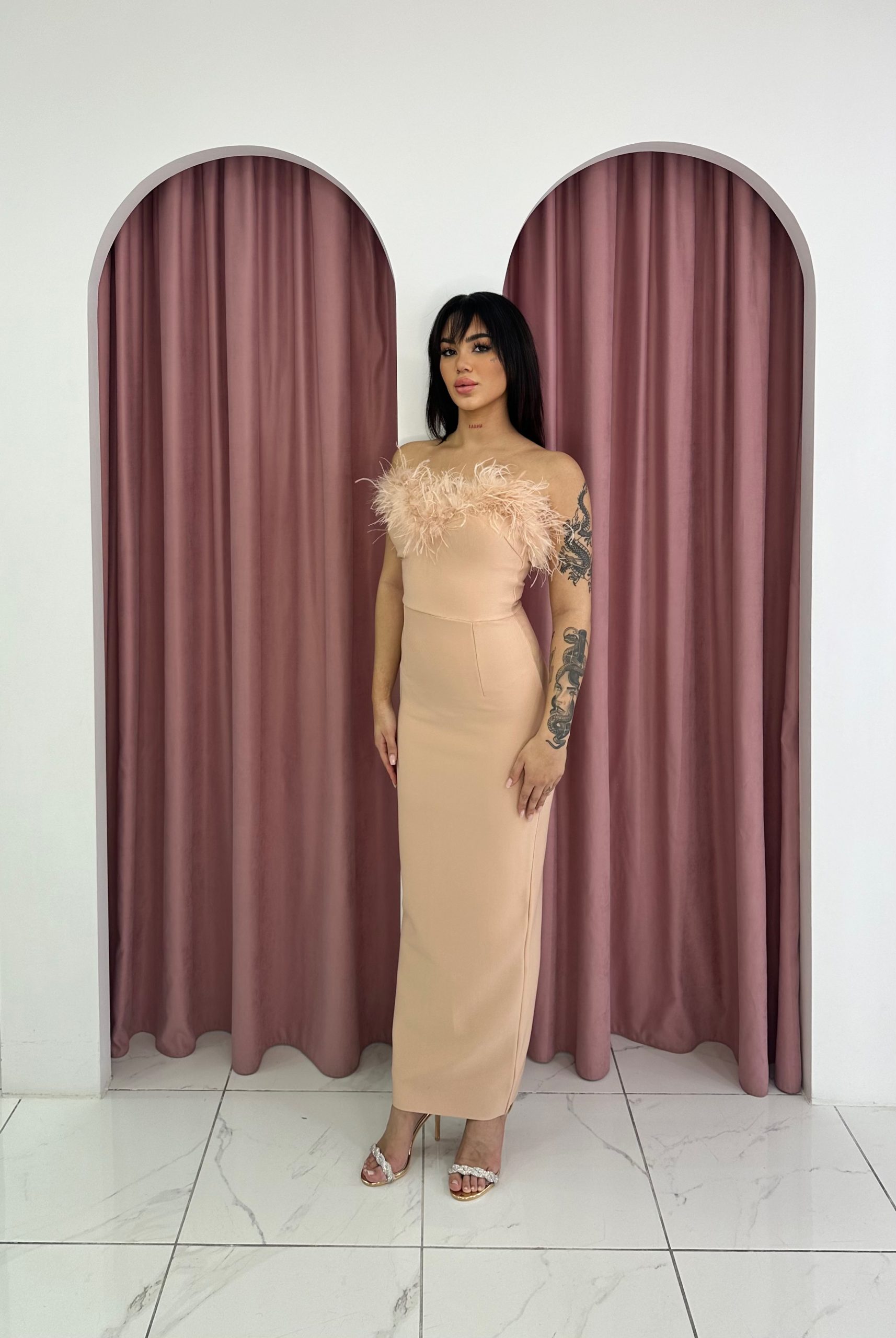 Strapless Feather Bust Pastel Peach Bandage Maxi Dress - Image 2