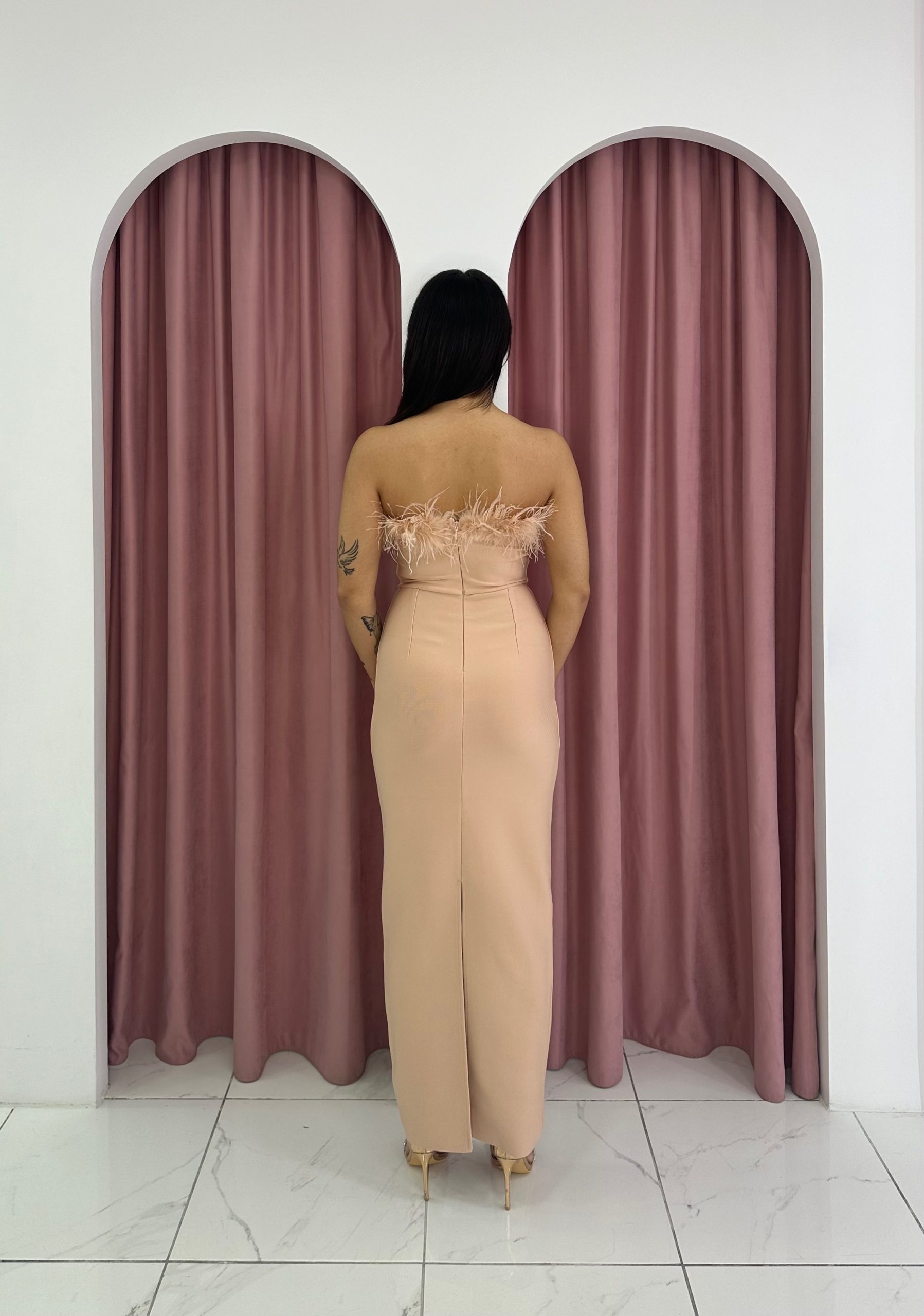 Strapless Feather Bust Pastel Peach Bandage Maxi Dress - Image 4