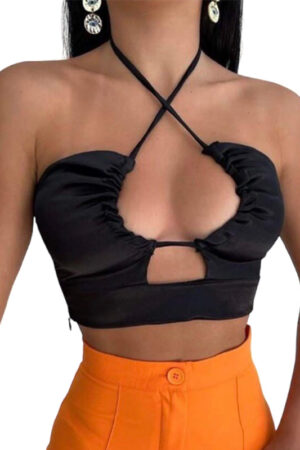 Satin Black Cropped Top With Neck Tie | Σατέν Μαύρο Τοπ Με Δέσιμο Στον Λαιμό
