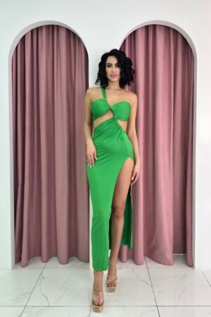 One Shoulder Hollow Out Green Maxi Dress