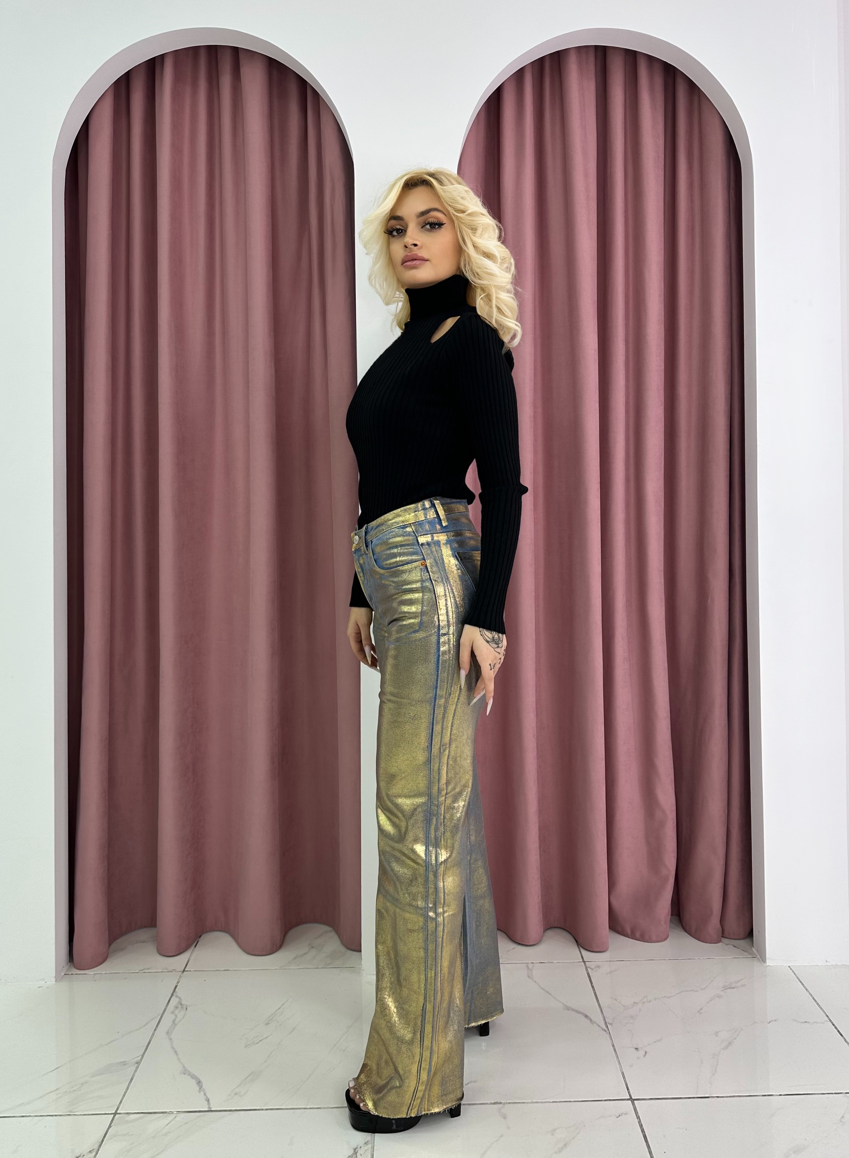 Wide Leg Metallic Gold Jeans - Image 2