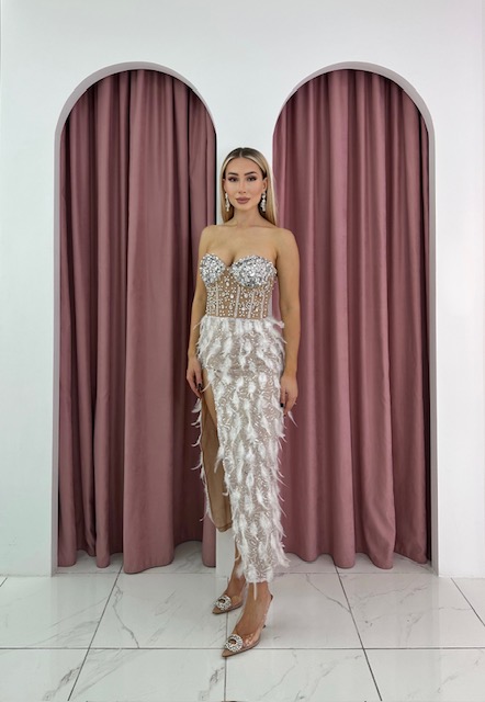 Strapless diamond & Feather Embellished Maxi White Luxury Dress - Image 2