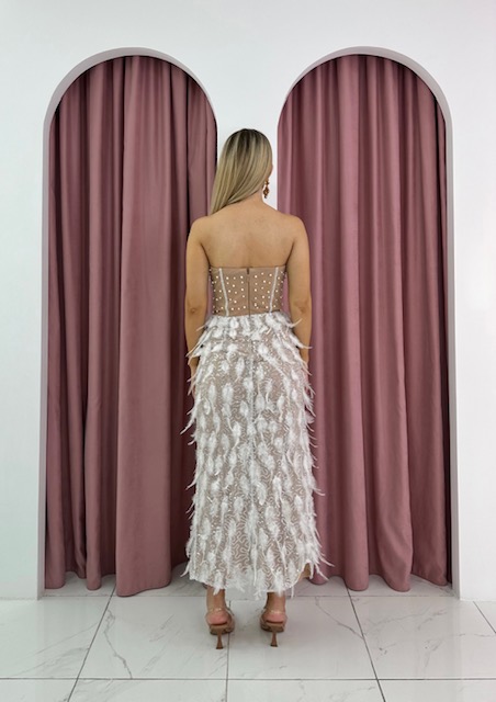 Strapless diamond & Feather Embellished Maxi White Luxury Dress - Image 3