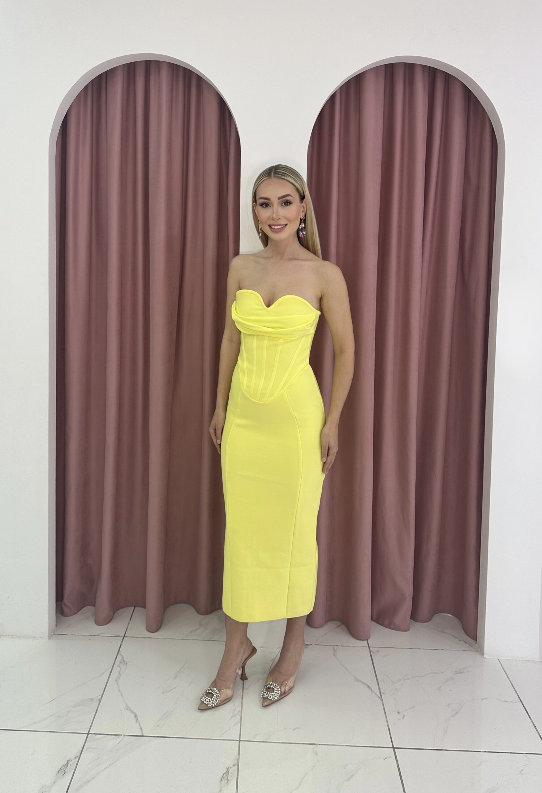 Strapless Yellow Bandage Midi Dress - Image 2