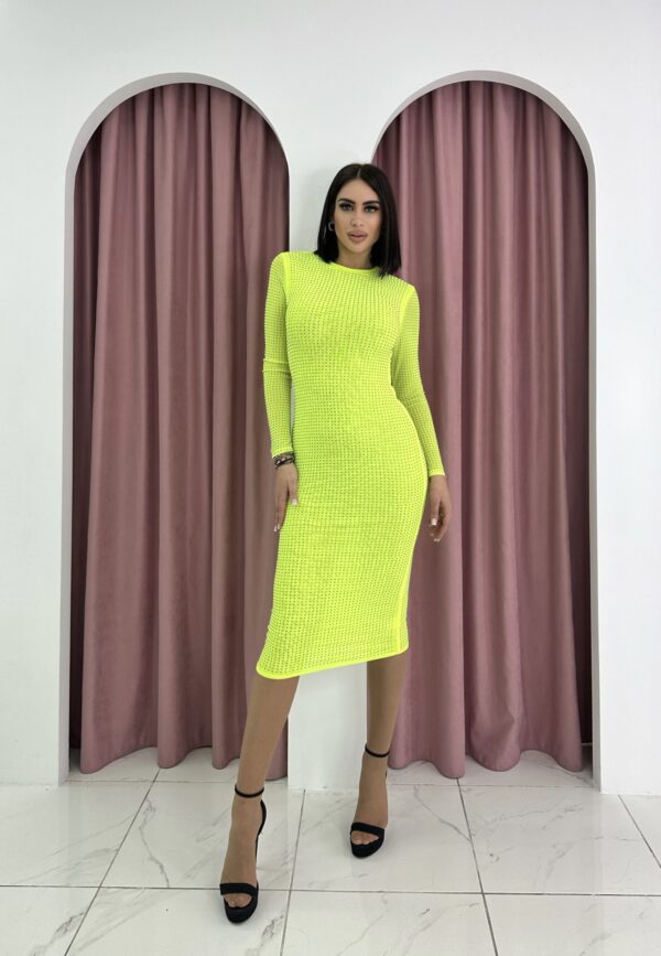 Long Sleeve Strass Embellished Neon Lime Bodycon Midi Dress