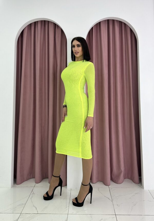 Long Sleeve Strass Embellished Neon Lime Bodycon Midi Dress - Image 2