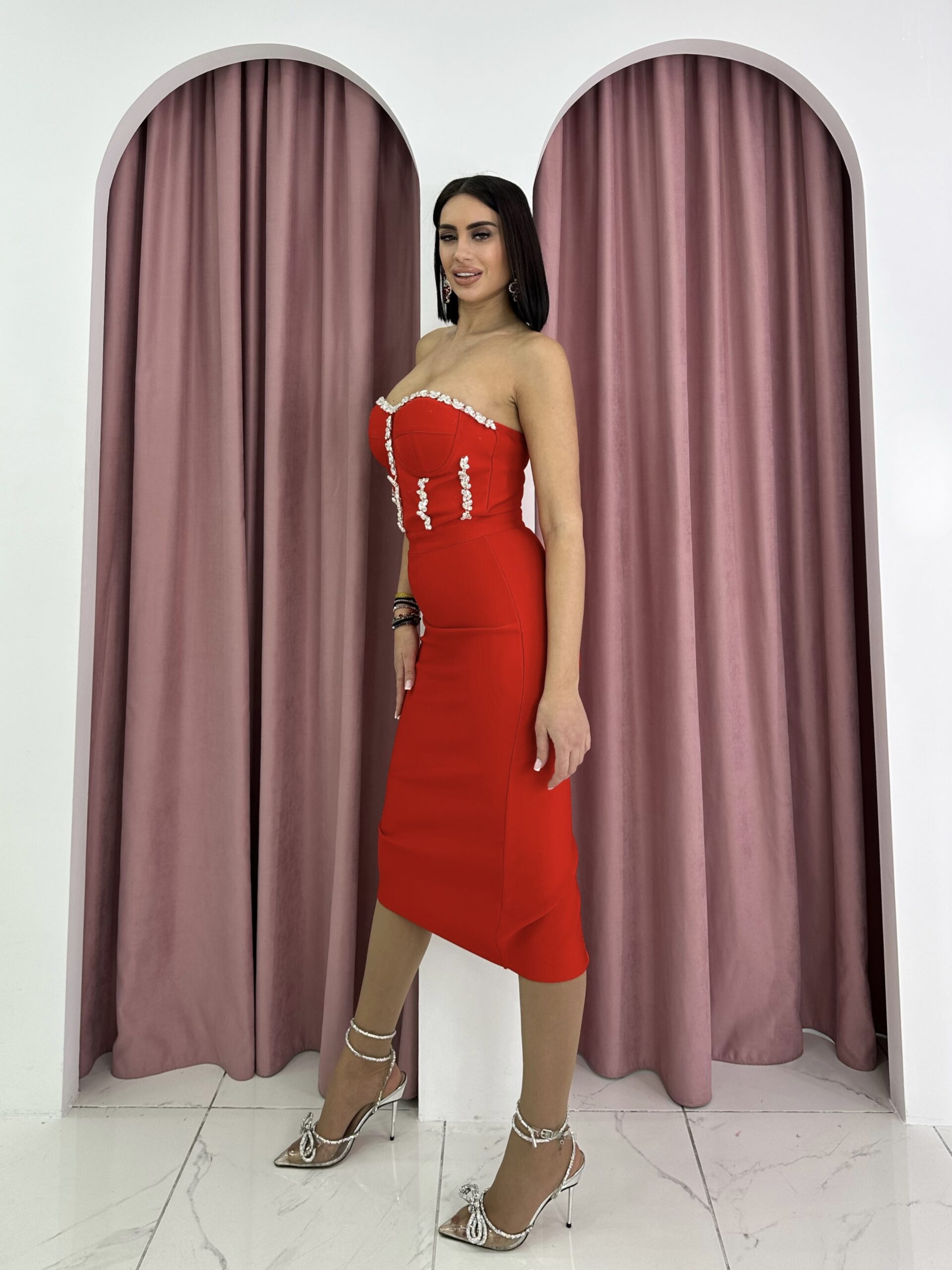 Strapless Diamond Embellished Red Bandage Maxi Dress - Image 3