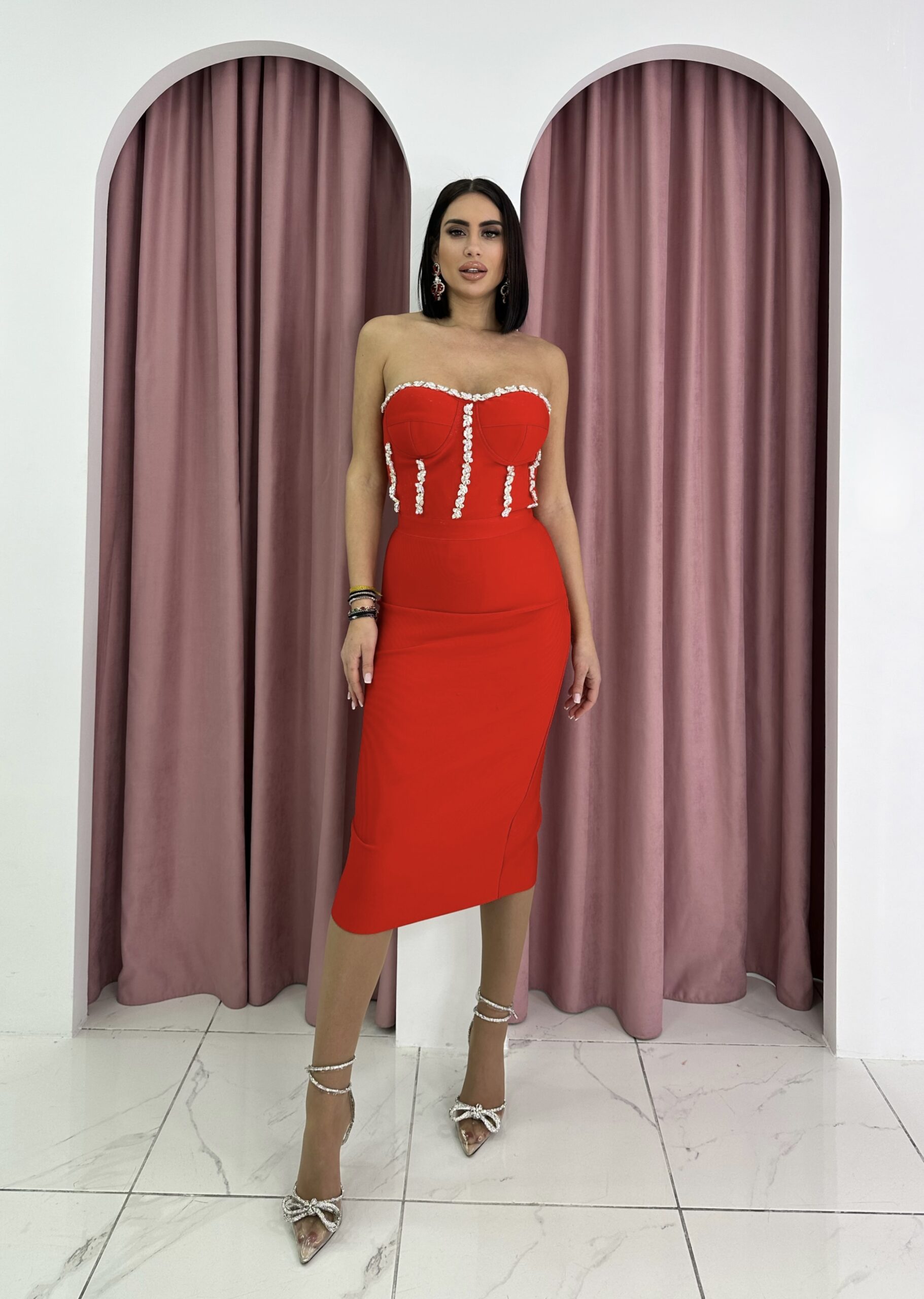 Strapless Diamond Embellished Red Bandage Maxi Dress