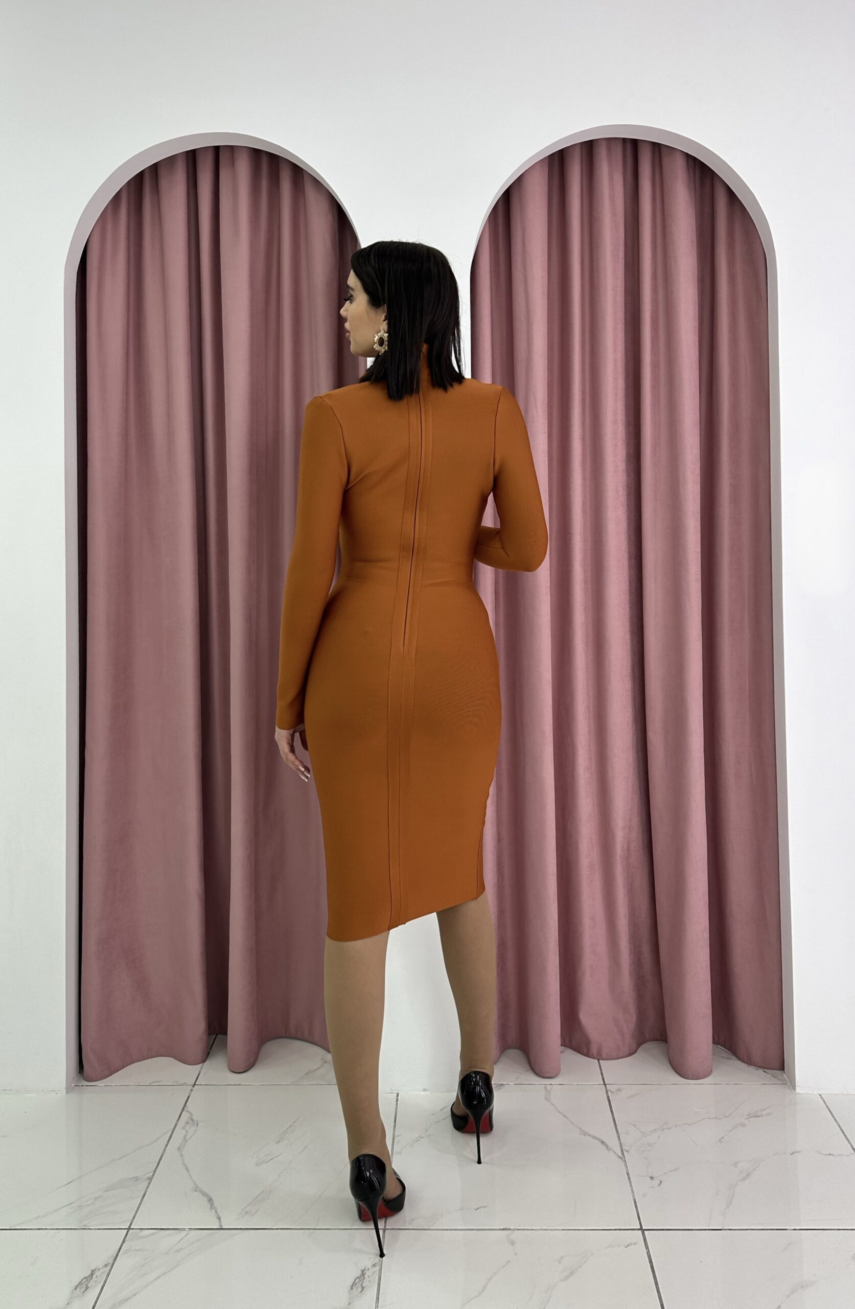 Long Sleeve Brown Midi Bandage Dress - Image 4
