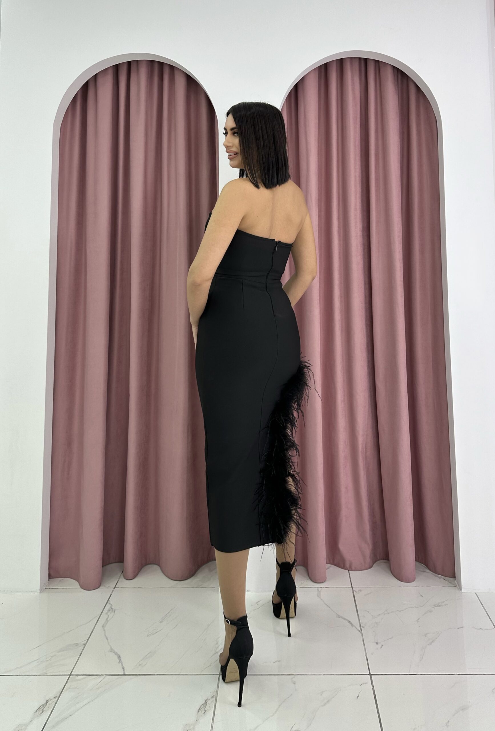 Strapless Feather Details Black Bandage Dress - Image 3