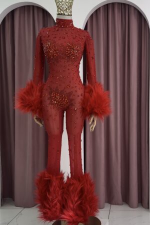 Long Sleeve Crystal Embellished Fur Decorated Red Mesh Jumpsuit