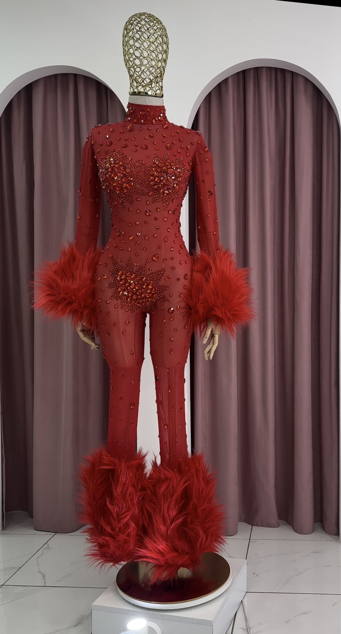Long Sleeve Crystal Embellished Fur Decorated Red Mesh Jumpsuit