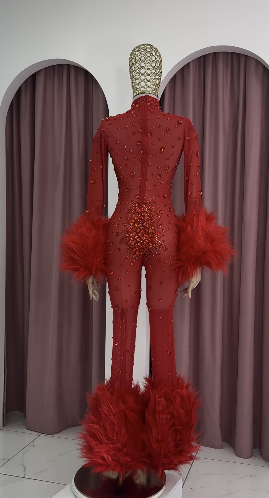 Long Sleeve Crystal Embellished Fur Decorated Red Mesh Jumpsuit - Image 2