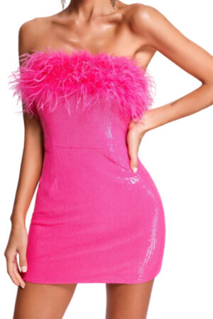 Strapless Sequin Feather Pink Mini Dress