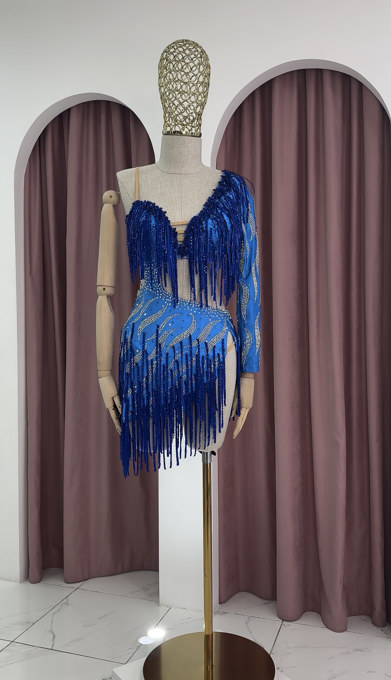 One Sleeve Strass Beaded Fringe Asymmetric Blue Royal Luxury Mini Dress