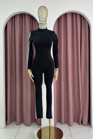 Long Sleeve Black White Strips Jumpsuit