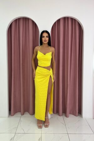 Two Piece Strass Beaded Yellow Set