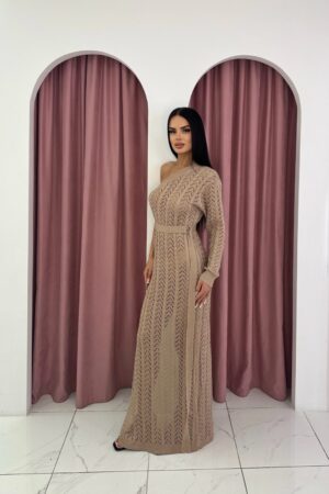 One Shoulder Crochet Belted Beige Maxi Dress