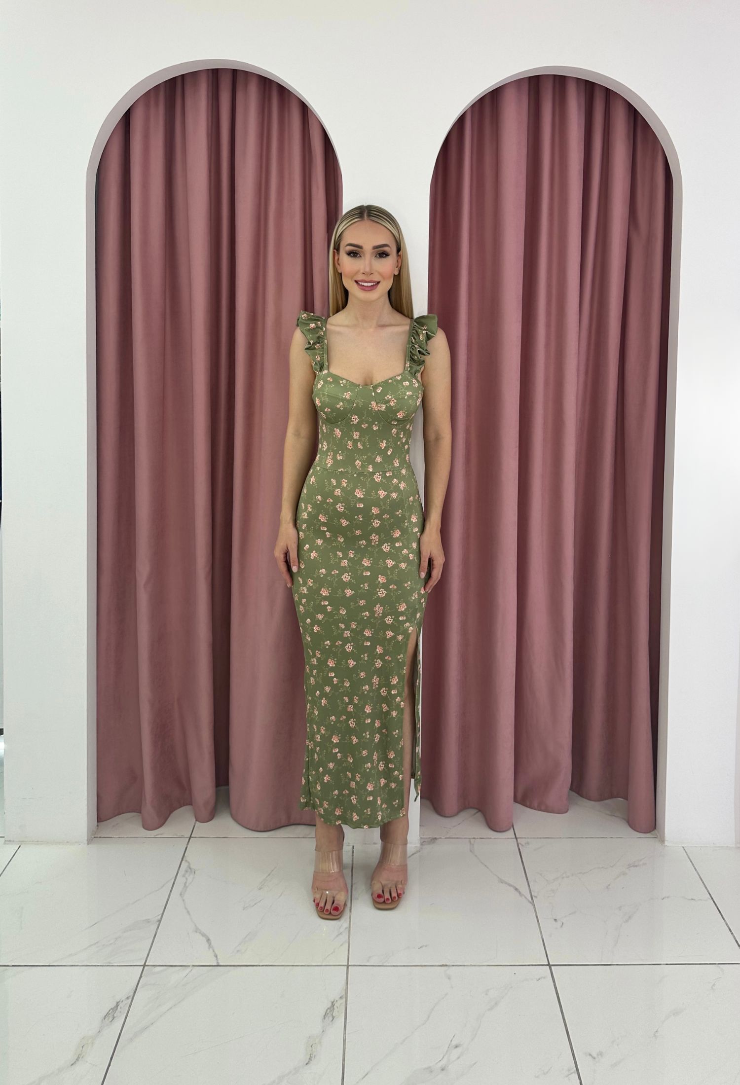 Sleeveless Floral Khaki Midi Dress