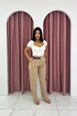 High waisted Belt Detail Beige Pants