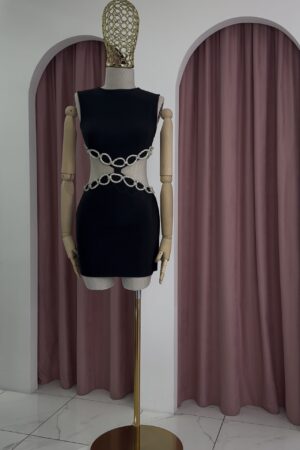 Sleeveless Hollow Out Silver Strass Embellished Black Bandage Mini Dress