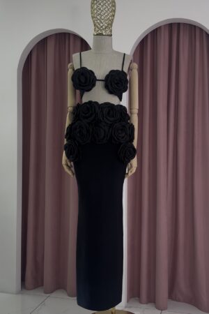 Two Piece Rose Decorated Bandage Black Set