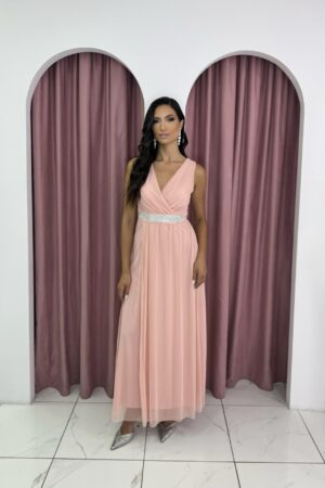 Ruffled Light Pink Maxi Dress With Bow