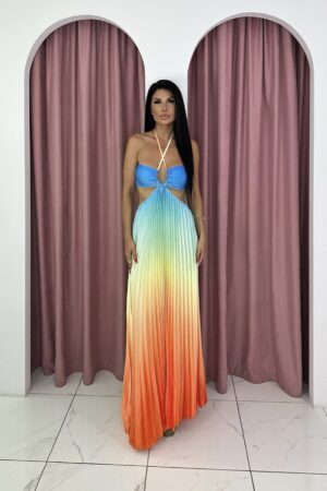 Halter Neck Hollow Out Multicolor Ombre Maxi Dress