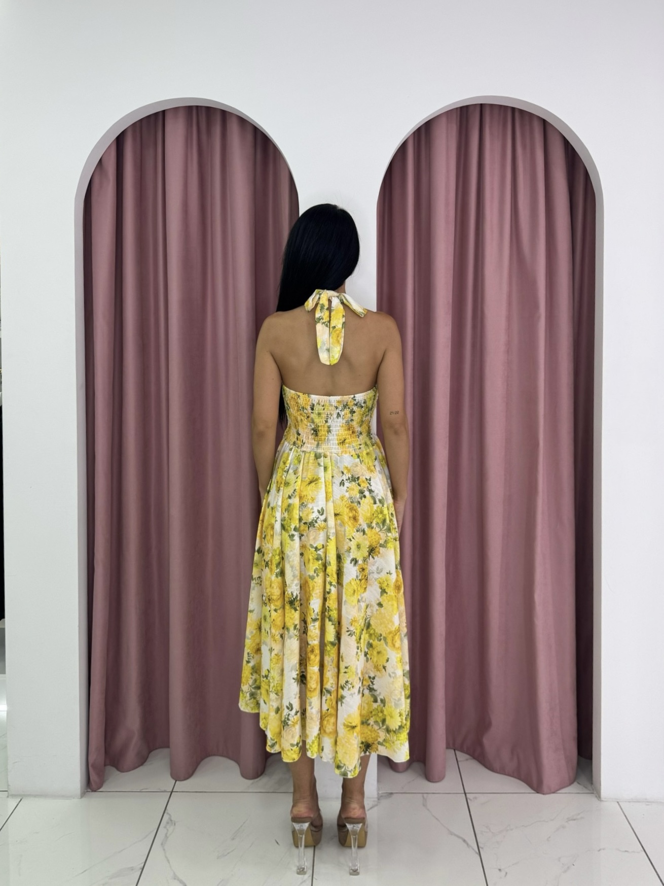 Halter Neck Ruffled Skirt Floral Yellow Maxi Dress - Image 3
