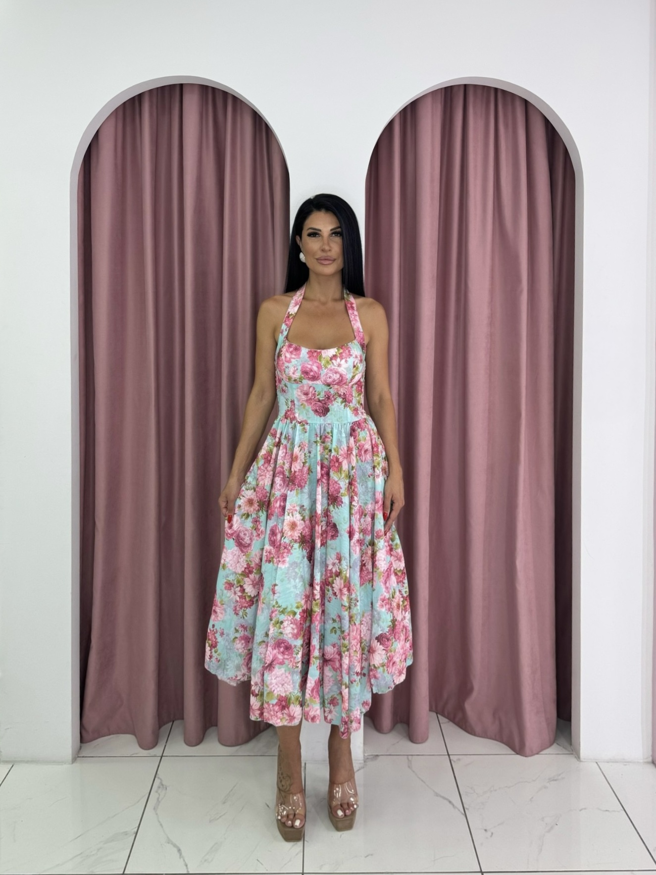 Halter Neck Ruffled Skirt Floral Pink Maxi Dress
