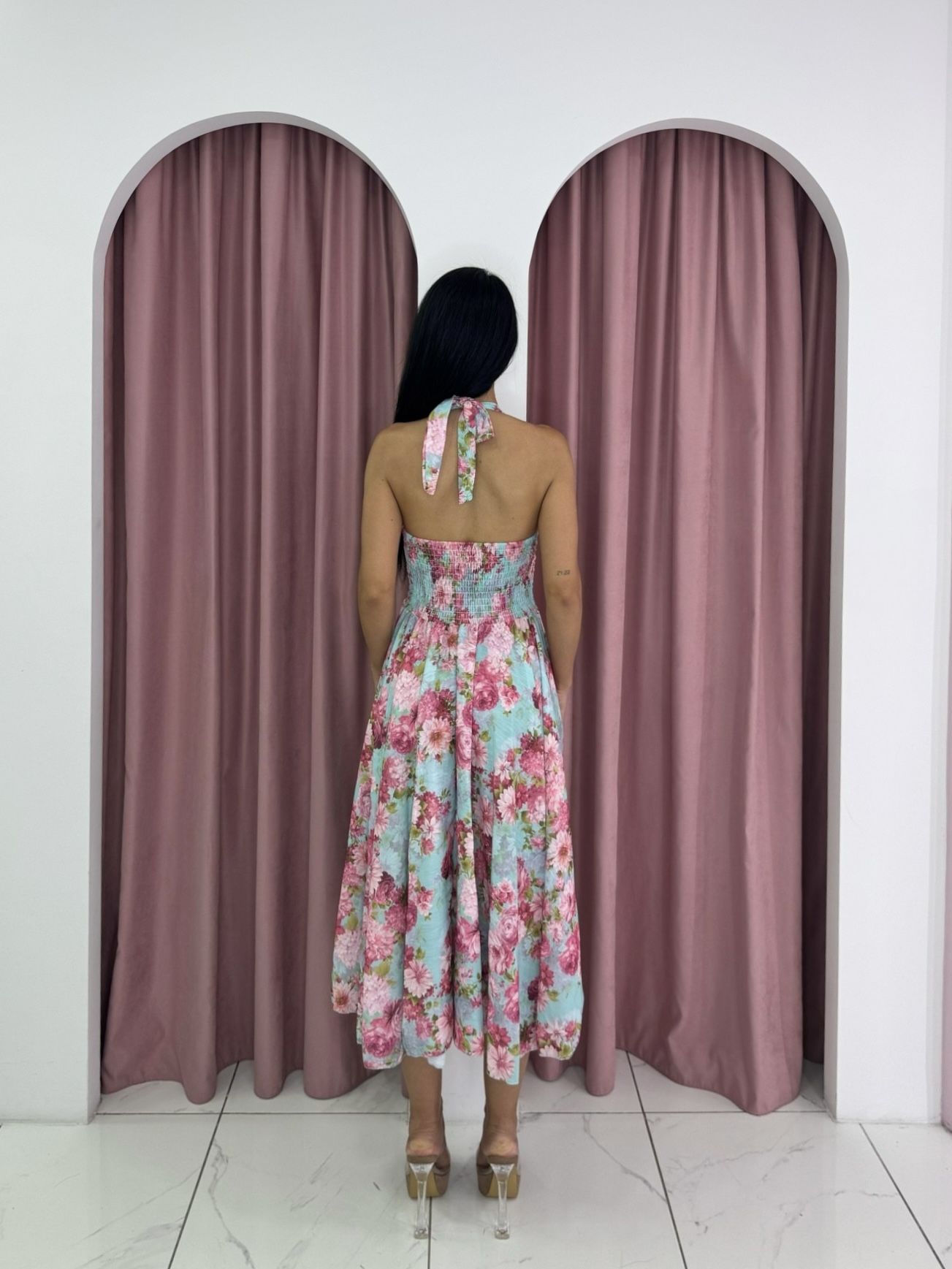 Halter Neck Ruffled Skirt Floral Pink Maxi Dress - Image 3
