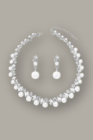 Silver Pearl Earrings Necklace Set