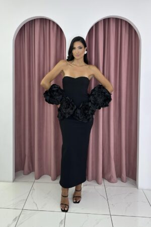 Bandage Black Maxi Dress With Big Roses