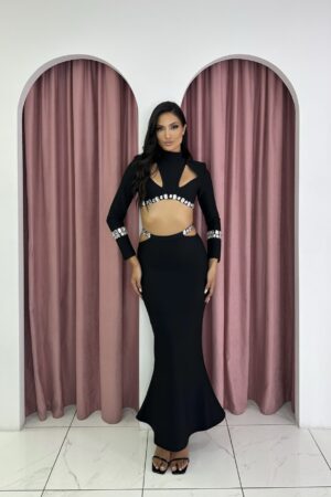 Two Piece Crystal Embellished Hollow Out Bandage Black Set