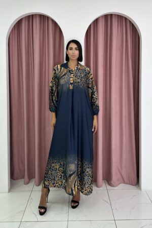 Long Sleeve Satin Animal Print Details Blue Maxi Dress