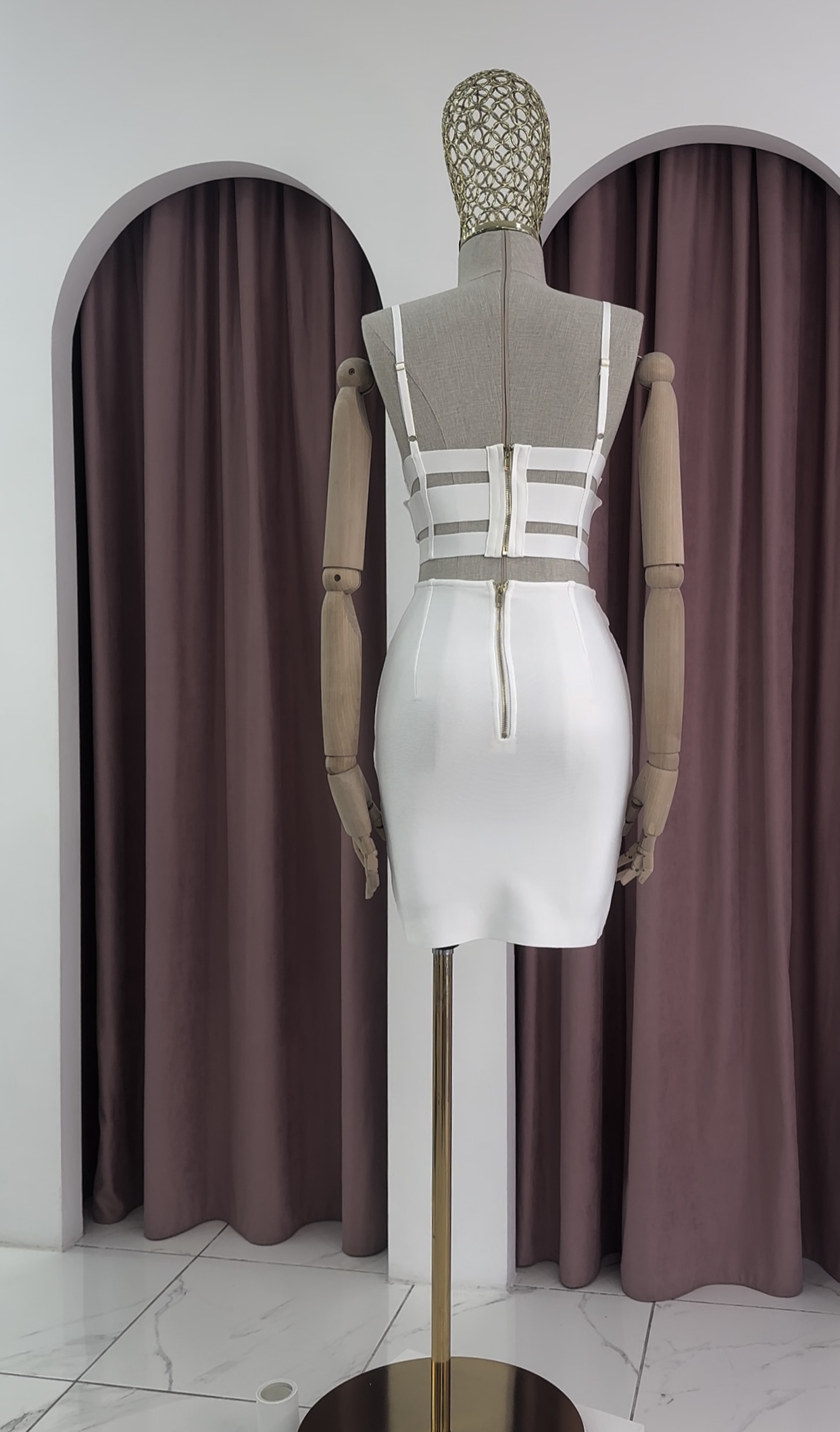 Two Piece Gold Strap Crop Top Mini Skirt Bandage White Set - Image 2