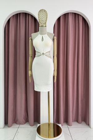Halter Neck Hollow Out White Mini Dress