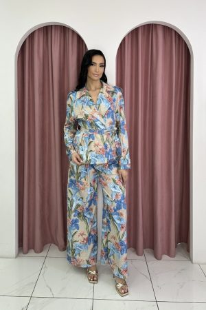 Two Piece Blue Floral Suit Set