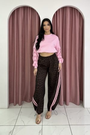 Long Draped Sleeves Pink Crop Top