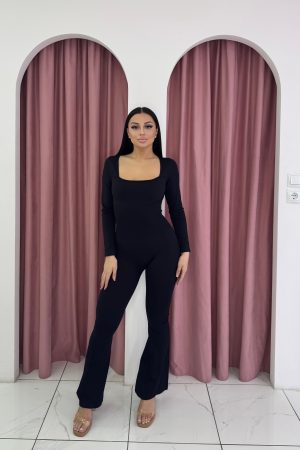 Long Sleeve Bell Bottoms Black Jumpsuit