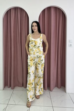Overall Yellow Flowers White Jumpsuit