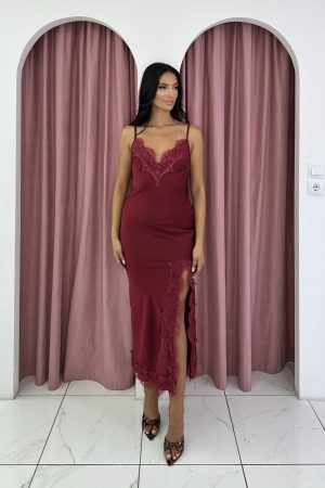 Sleeveless Lace Satin Deep Red Maxi Dress